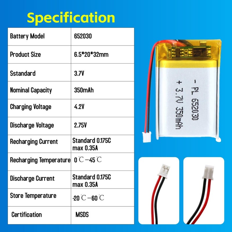 QIMAOO 652030 3.7V Lipo Battery 350mAh 652030 Rechargeable Lithium Polymer Battery Pack with JST PH2.0mm Connector for Electronic Device - Image 5